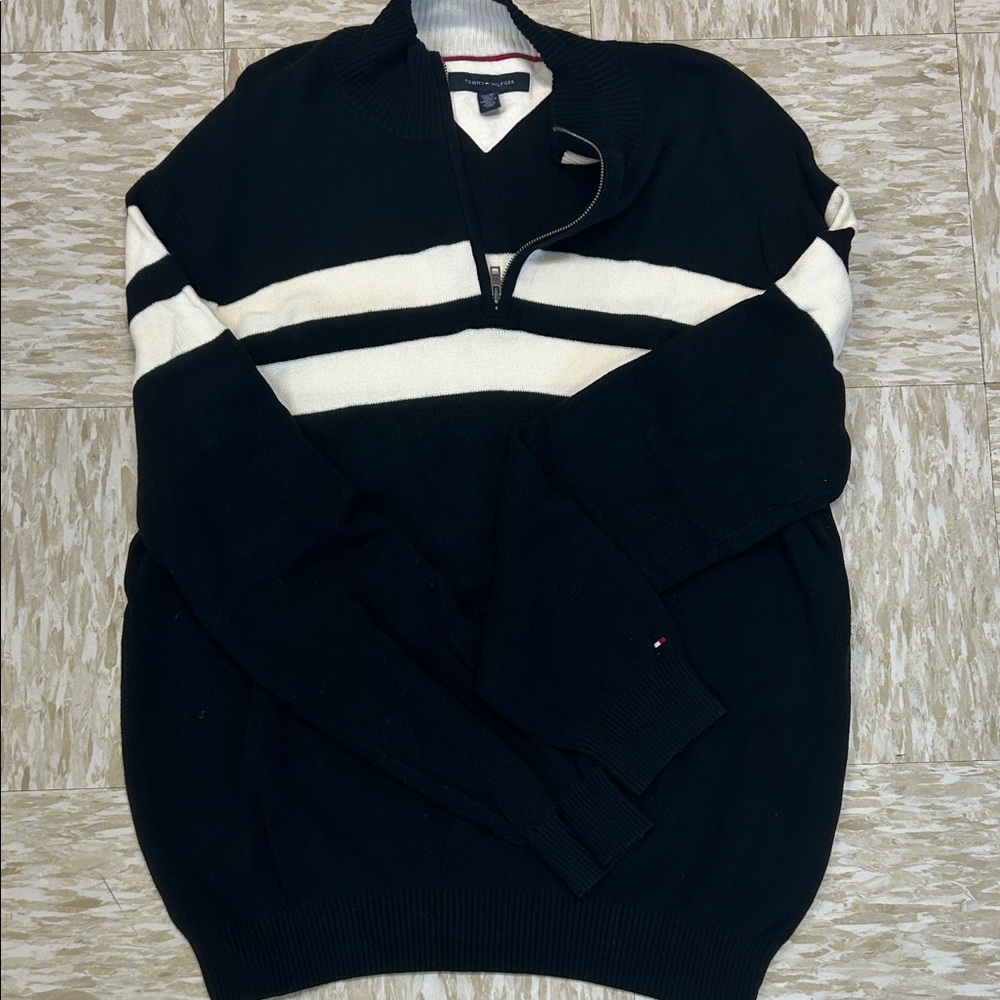 EUC Tommy Hilfiger Black and Cream Zip-Up Sweater
